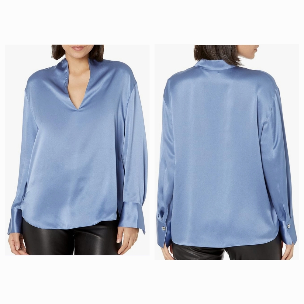 Vince Silk Long Sleeve Blouse Size Medium Coastal Blue New With Tags Retail $375 - Picture 2 of 12